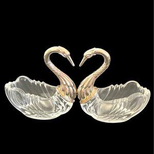 Crystal & Silver-Plated Swan Shaped Salt Pepper Cellars Sugar Bowl Candy Dishes